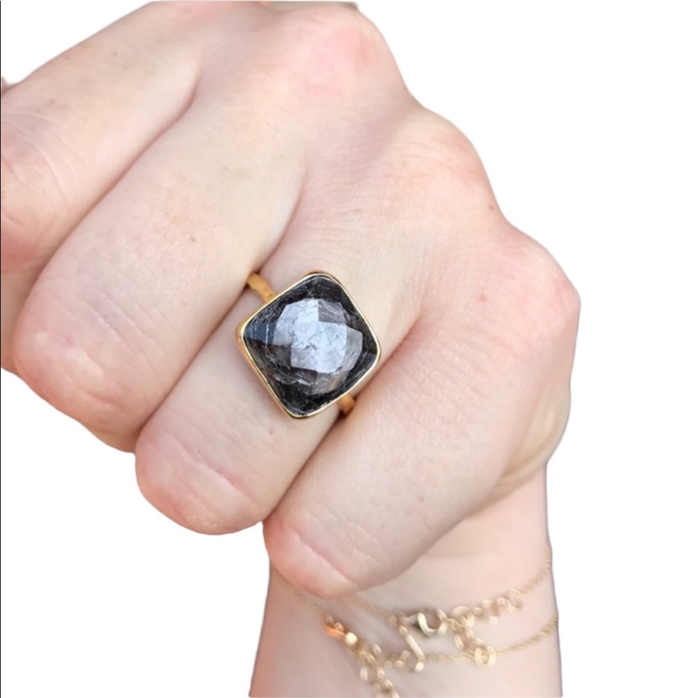 Hypersthene faceted stone gold plated Ring
